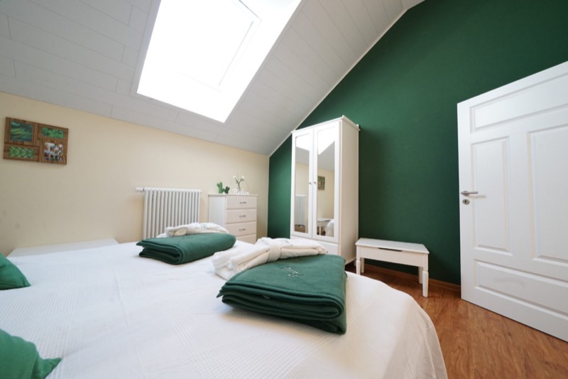 Schlafzimmer mit grüner Wand und weißem Kleiderschrank